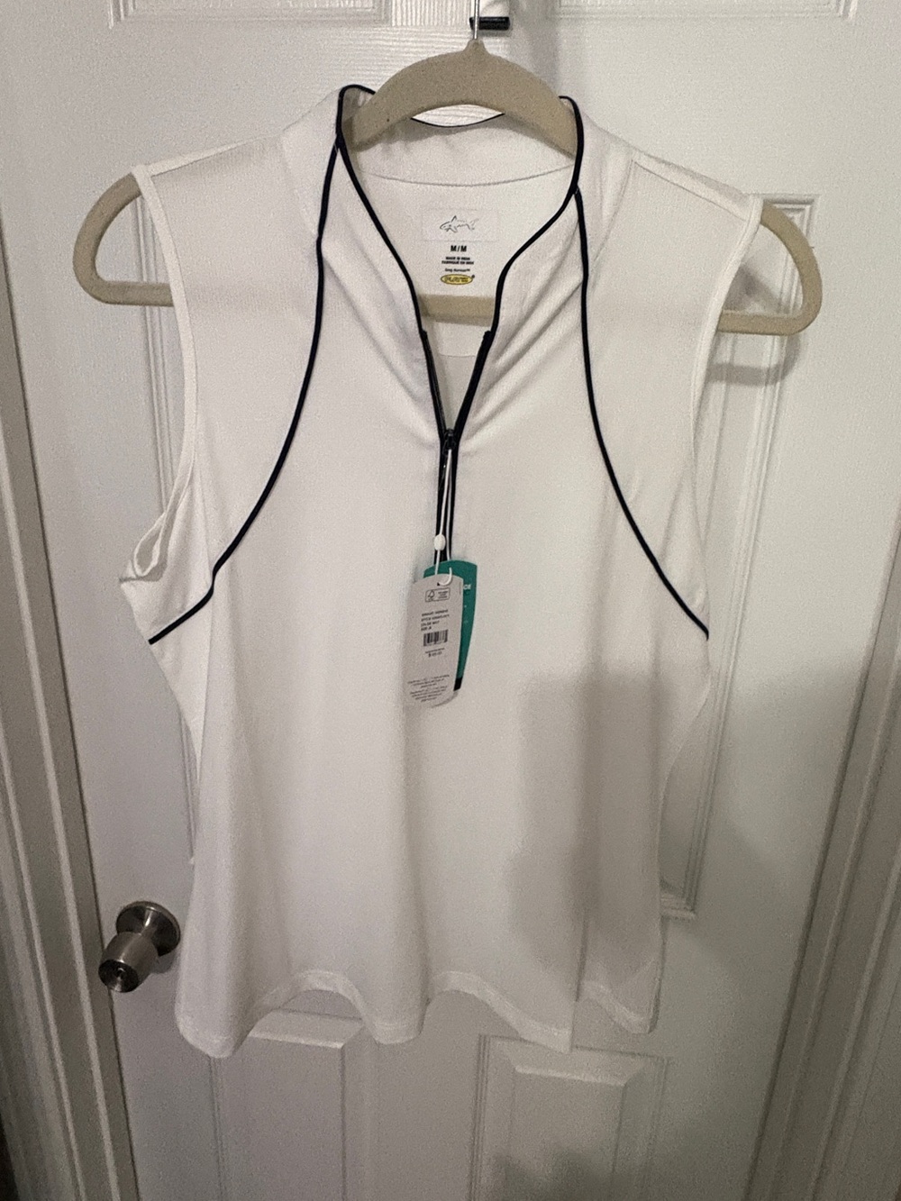 Greg Norman Collection White Sleeveless Zip Polo with Navy Piping